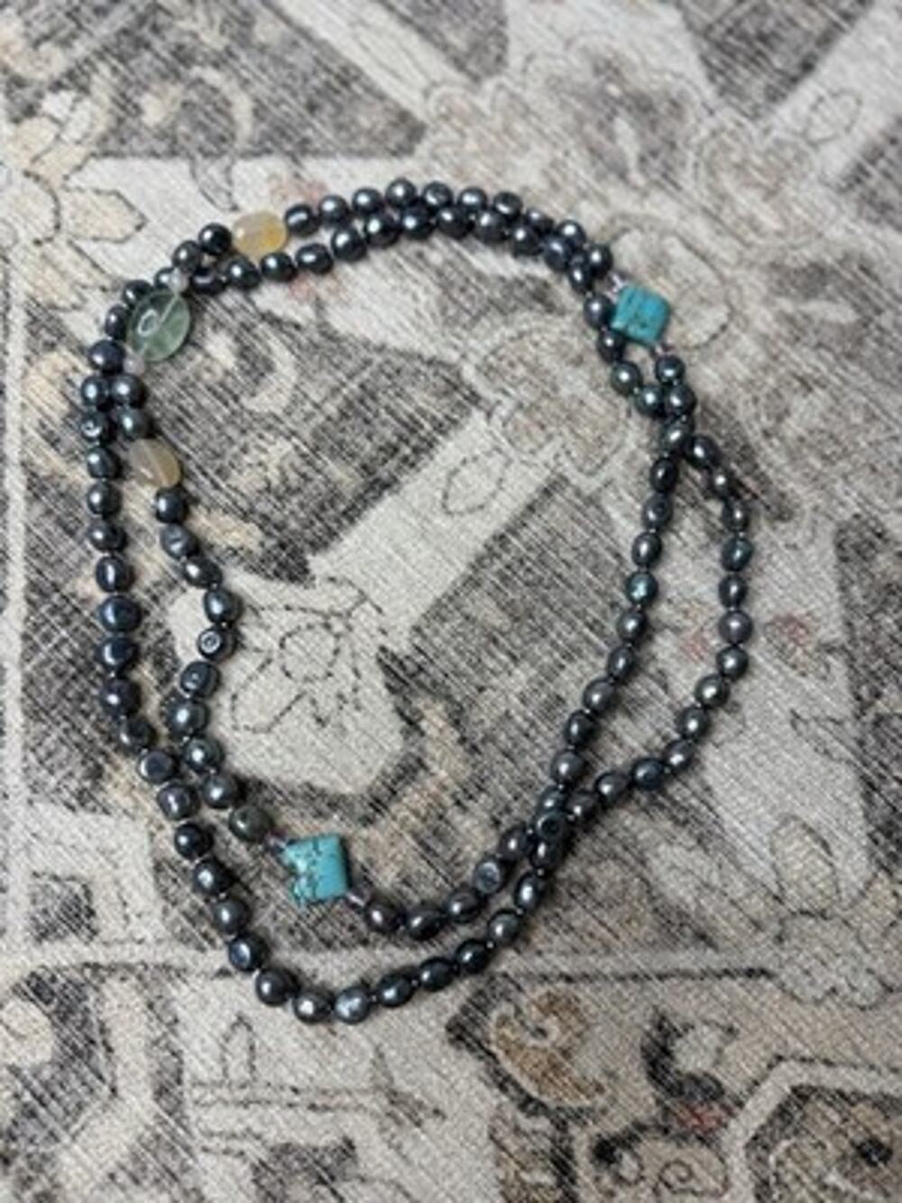 VTG Peacock Black Freshwater Pearl Necklace Turquoise Fluorite Quartz Bead Long